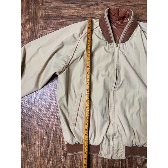 Vintage 70s Inspired MOD Blank Bomber Jacket L Brown Beige Trim Made In Japan - Picture 7 of 9
